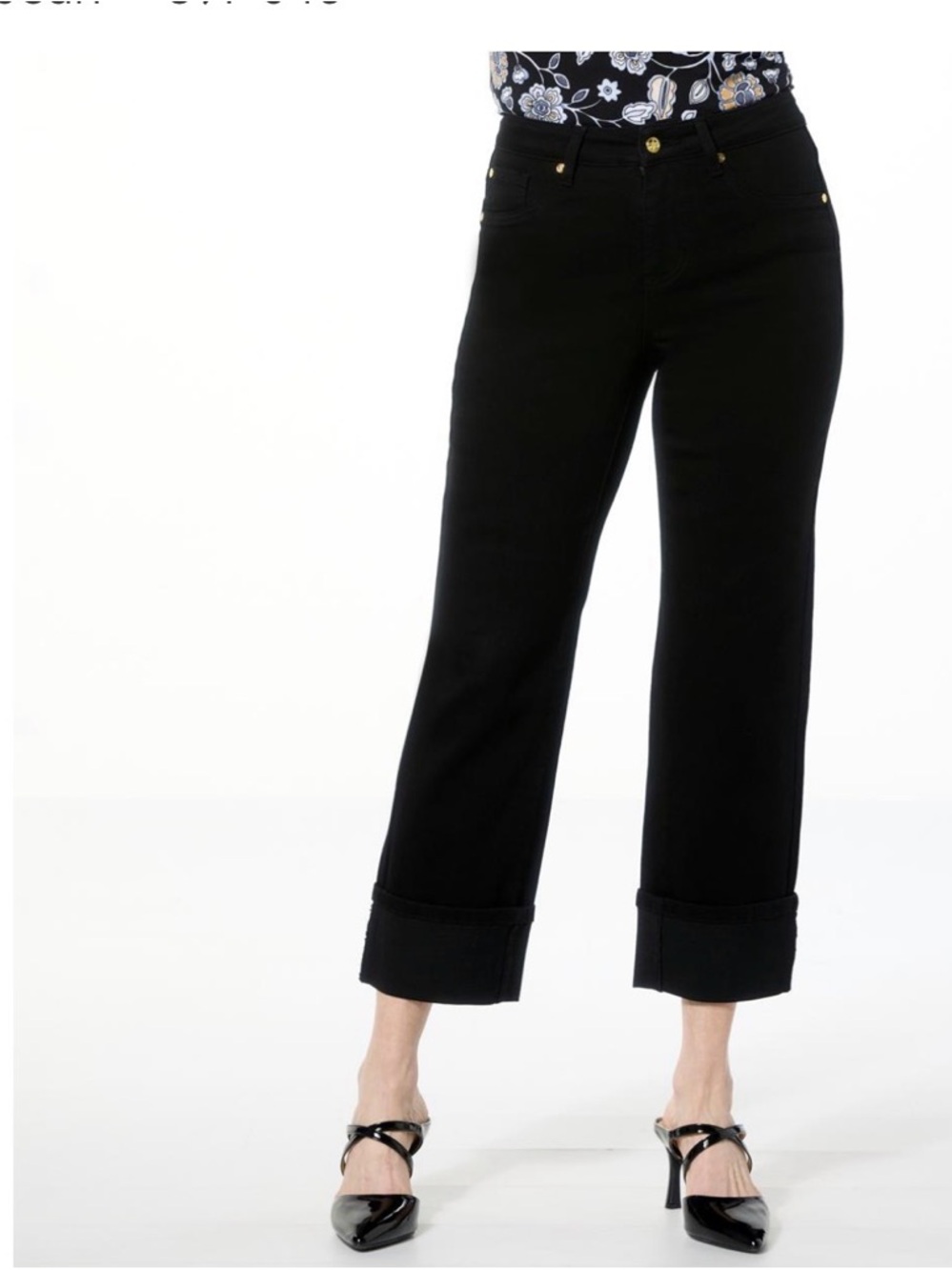 IMAN Black Cropped Wide-Leg Jeans with Cuffed Hem